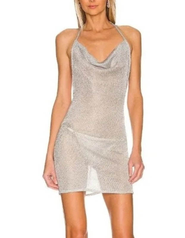 Superdown Brina Sheer Shimmer Mini Dress Small Silver Cover Up Rave Club Party